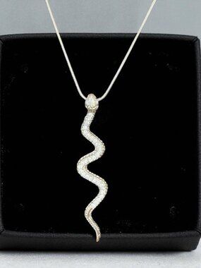 Unique Silver Tone Snake Pendant Necklace With Clear Rhinestone Accents 16-18”